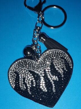 New! Rhinestone Heart Keychain Charm - Black Sparkle